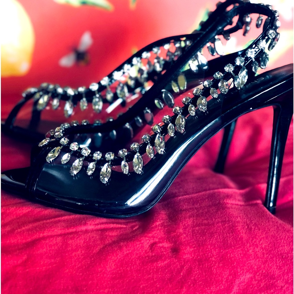Shoe’ N Tale Rhinestone Slingback Peep Toe Heels